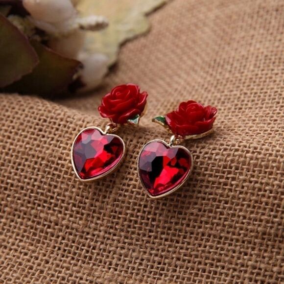 Ruby Red Heart Crystal Flower Gold Statement Drop Earrings - Picture 10 of 10